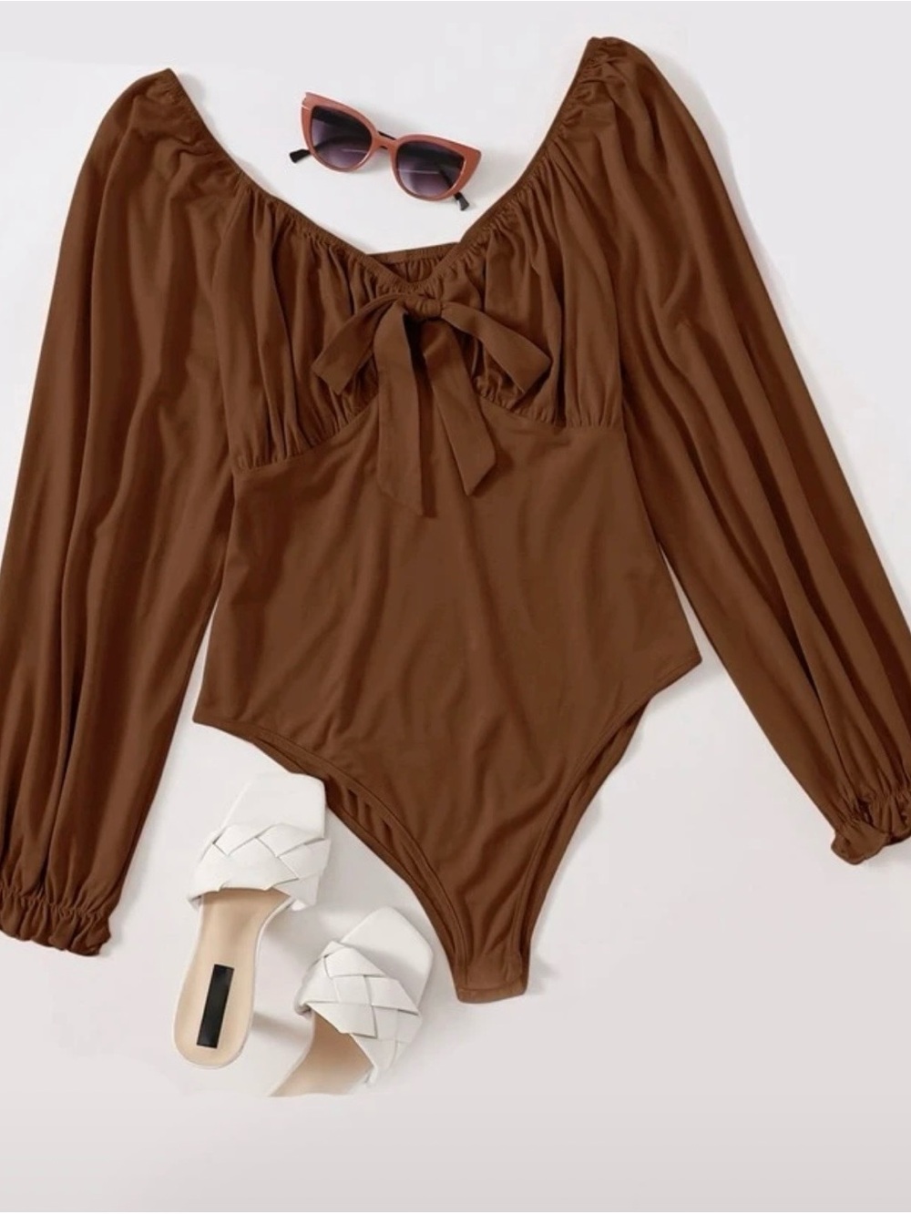 SHEIN Brown Long-Sleeve Bow Front Bodysuit